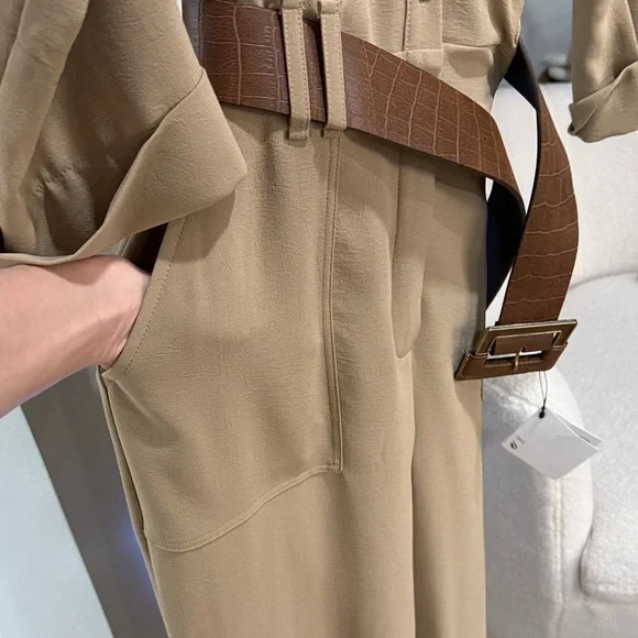 Zara Tan Wide Straight Leg Jumpsuit with Brown Croc Belt - Picture 8 of 10